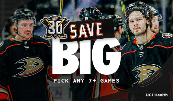 Anaheim Ducks Flex Plan image with 30th anniversary logo presented by UCI Health and text "Save big: pick any 7+ games." Photo of Ducks players in background.